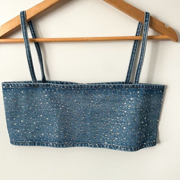 Zara Rhinestone  Jewel Denim Crop Top Blue Blogger Fav Size Small NWT - Picture 9 of 12